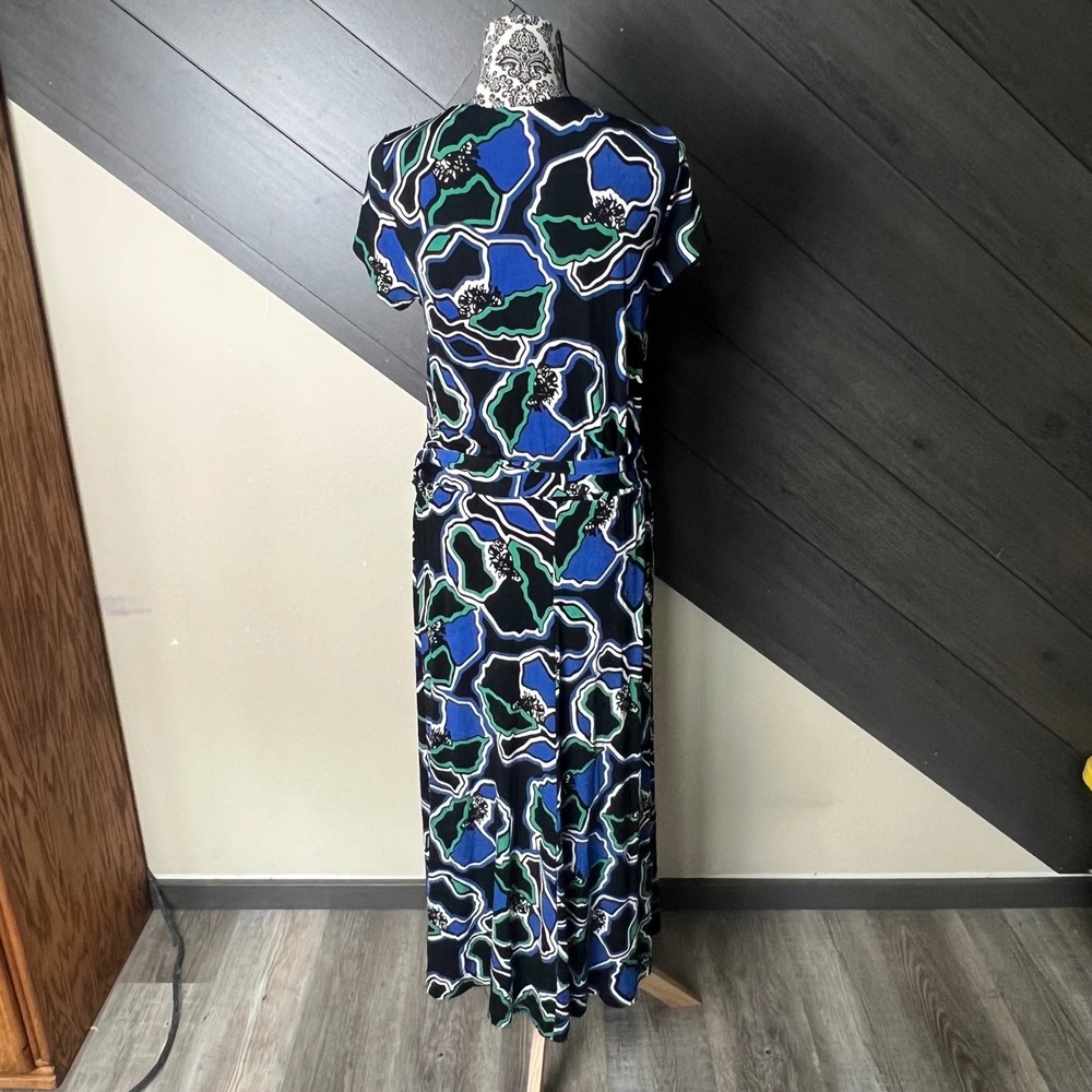Chico's Women Abstract Print Maxi Dress Size 1 Blue Green Stretch Belted Pocket - Picture 5 of 7